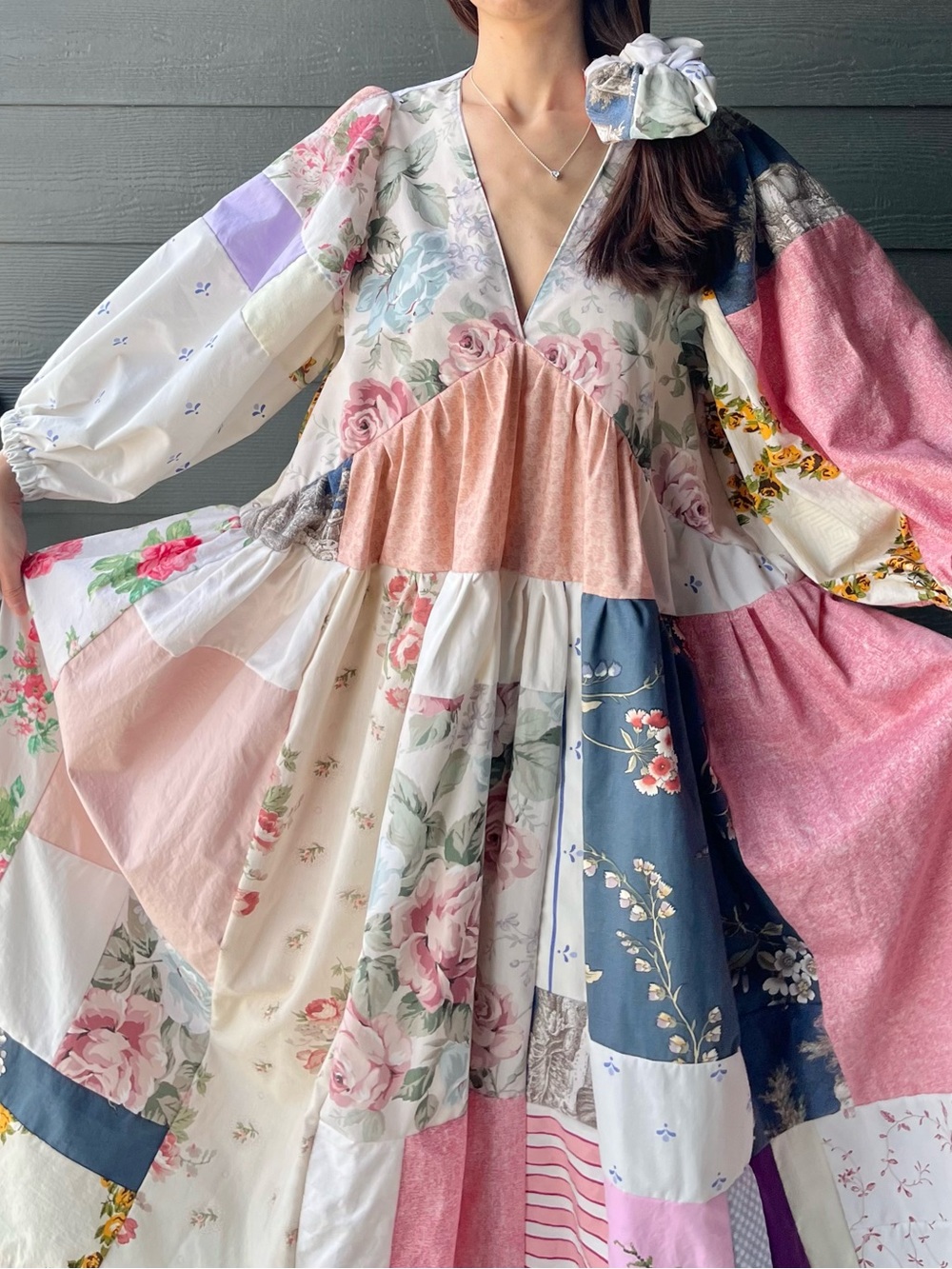 Cloudy Dress | Handmade V-Neck Patchwork Dress in Rose Canvas | SKU 08071